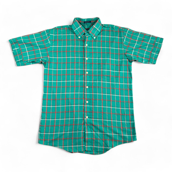 Vintage Manhattan Shirt Adult MEDIUM Green Plaid Button Down Natural USA 80s - Picture 1 of 8